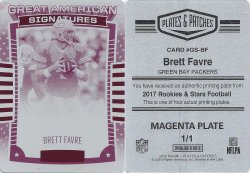 2017  Rookies & Stars Great American Signatures Plates & Patches Printing Plates Magenta #BF Brett Favre