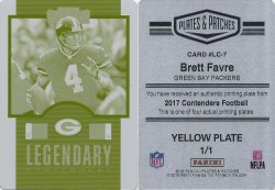 2017 Panini Contenders Legendary Contenders Plates & Patches Printing Plates Yellow #7 Brett Favre