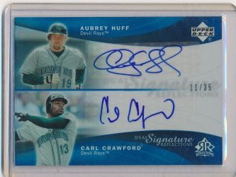    Carl Crawford and Aubrey Huff 2005 Reflections Dual Signatures Blue Autograph /35