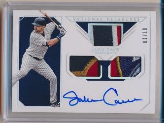    Jake Cave 2019 Panini National Treasures Rookie Triple Material Ink Holo Silver /10