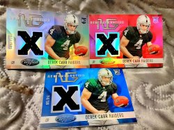 2014 Panini Certified Derek Carr New Generation Mirror Jerseys Set (Prizm, Red, Blue)