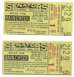 1962  Yankees @ Senators Ticket Stubs to first ballgame