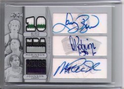 2007 Topps Triple Threads Larry Bird/ David Robinson/ Magic Johnson Triple Relic Patch Auto Black Printing Plate